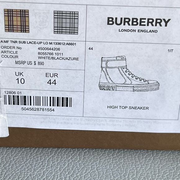 BURBERRY Men’s White/Black/Azure Sub High-Top Lace-Up Trainer Size 11 (44 IT) - Picture 4 of 14